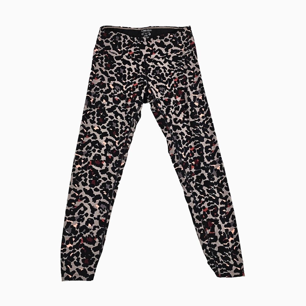 Calvin Klein Womens Performance Ankle Leggings Animal Print Ruched Black Small